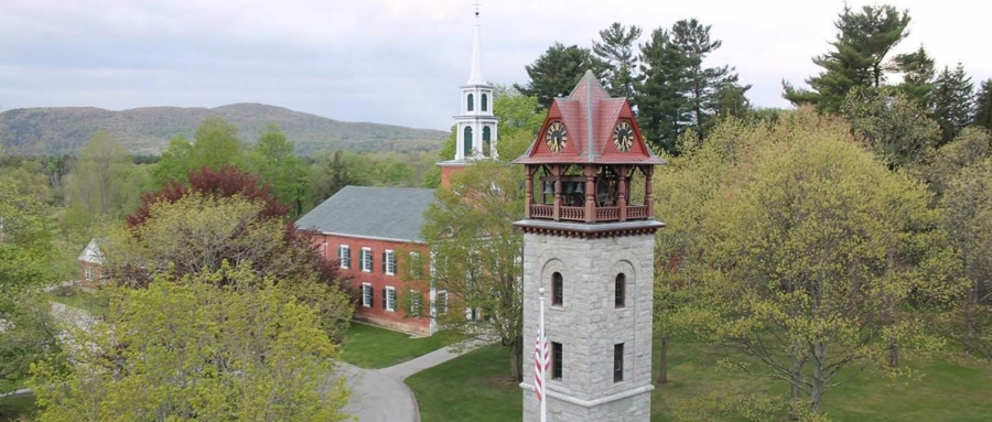 Aerial shot showing the Children's Chimes Tower and First Congregational Church in spring, with the rolling Berkshire Hills in the background.