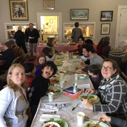 A group of people at a potluck