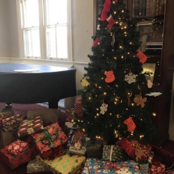 A Christmas tree surrounded by gifts for needy children