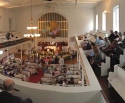 A panoramic view of the packed sanctuary on Easter Sunday