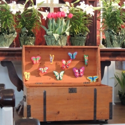 A trunk displaying fabric butterflieds