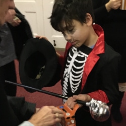 A boy dressed as a skeleton