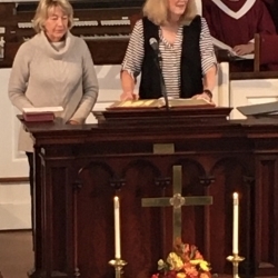 Two volunteers from the Literacy Network of South Berkshire speak to the church about their experience.