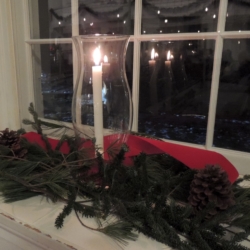 A lit candle and greenery in a window.